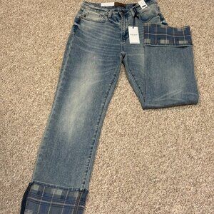 Vintage Plaid Cuff Straight Leg Denim
